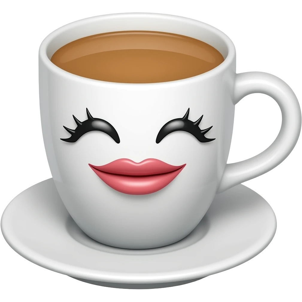 smiling coffee cup with lash and full lips emoji