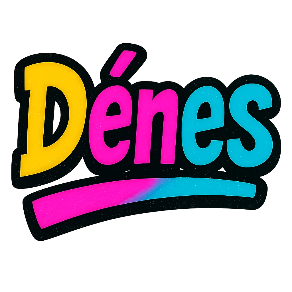 The name 'Dénes' in a modern, colorful gradient font with a dark outline, dynamic, slanted or partial underline, in the style of reference patterns. emoji