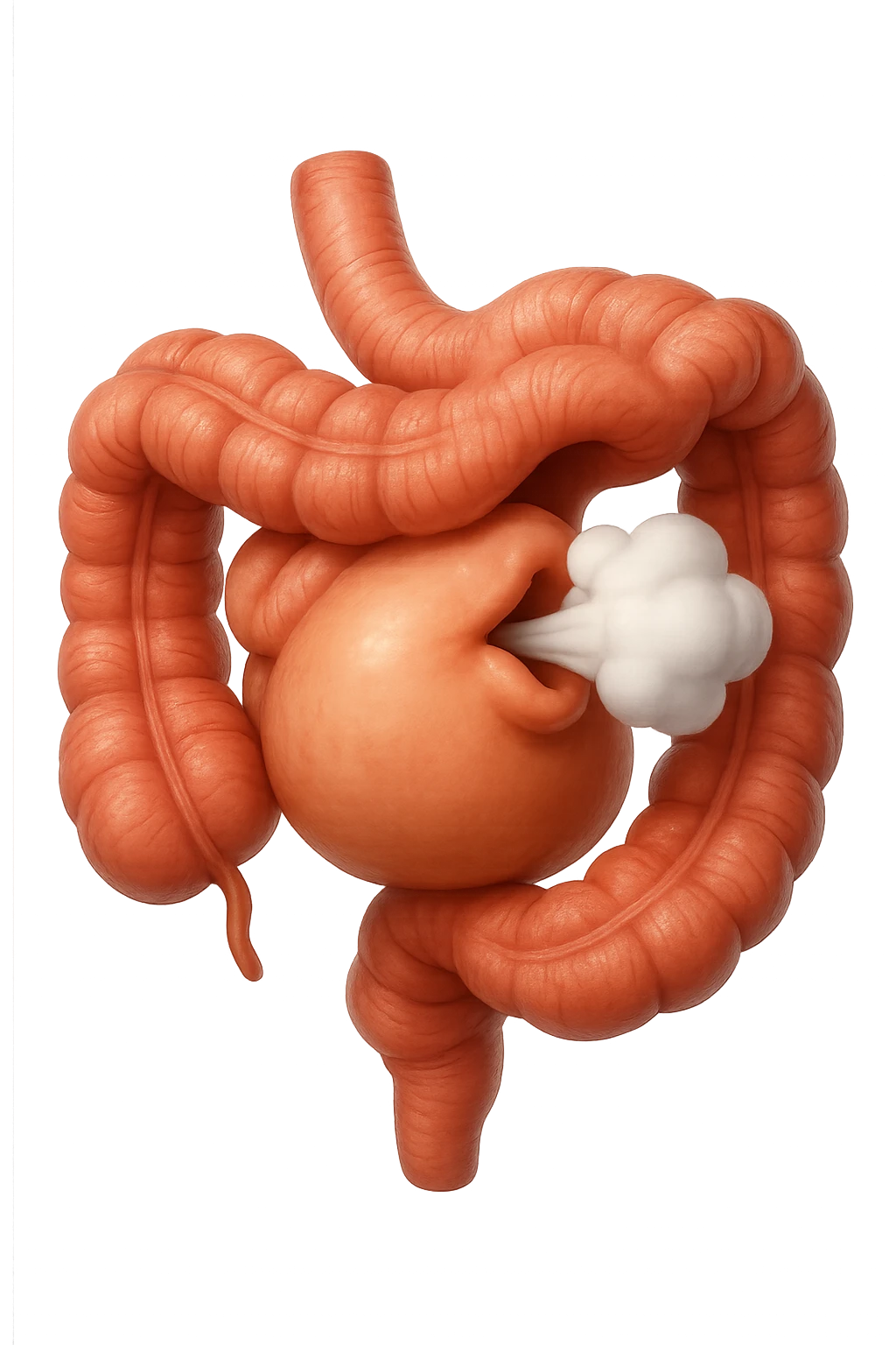 emoji stile iphone di un intestino che ingoia una nuvoletta di aria ben visibile e gli si gonfia la pancia, non fargli il naso, iperrealistico 4k emoji