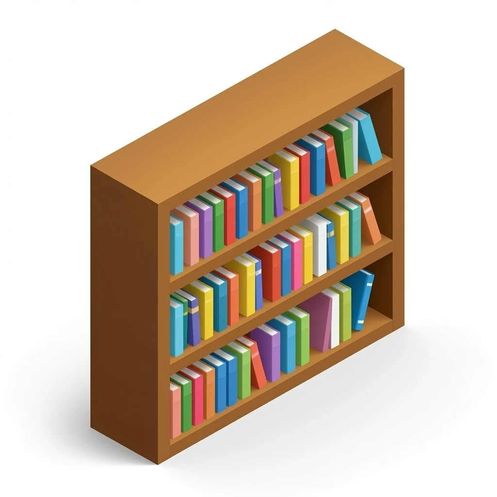 close up library shelf isometric view with some books tilted out emoji