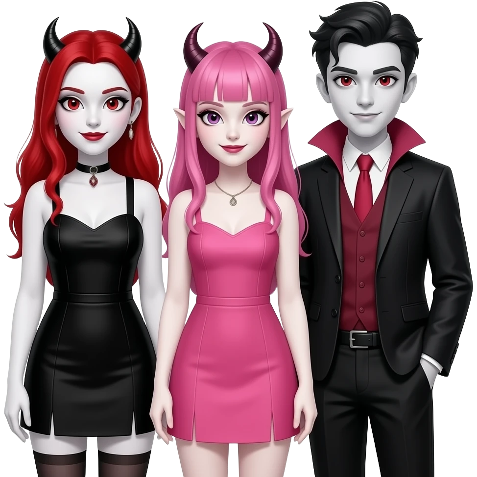 Vampiro femmina ADOLESCENTE con pelle bianca e capelli rossi indossa un vestito corto neri insieme alla sua amica VAMPIRO con i capelli rosa e frangia che indossa un vestito corto rosa e la pelle bianca insieme ai loro reciproci 2 fidanzati VAMPIRI con la pelle bianca vestiti diversamente emoji