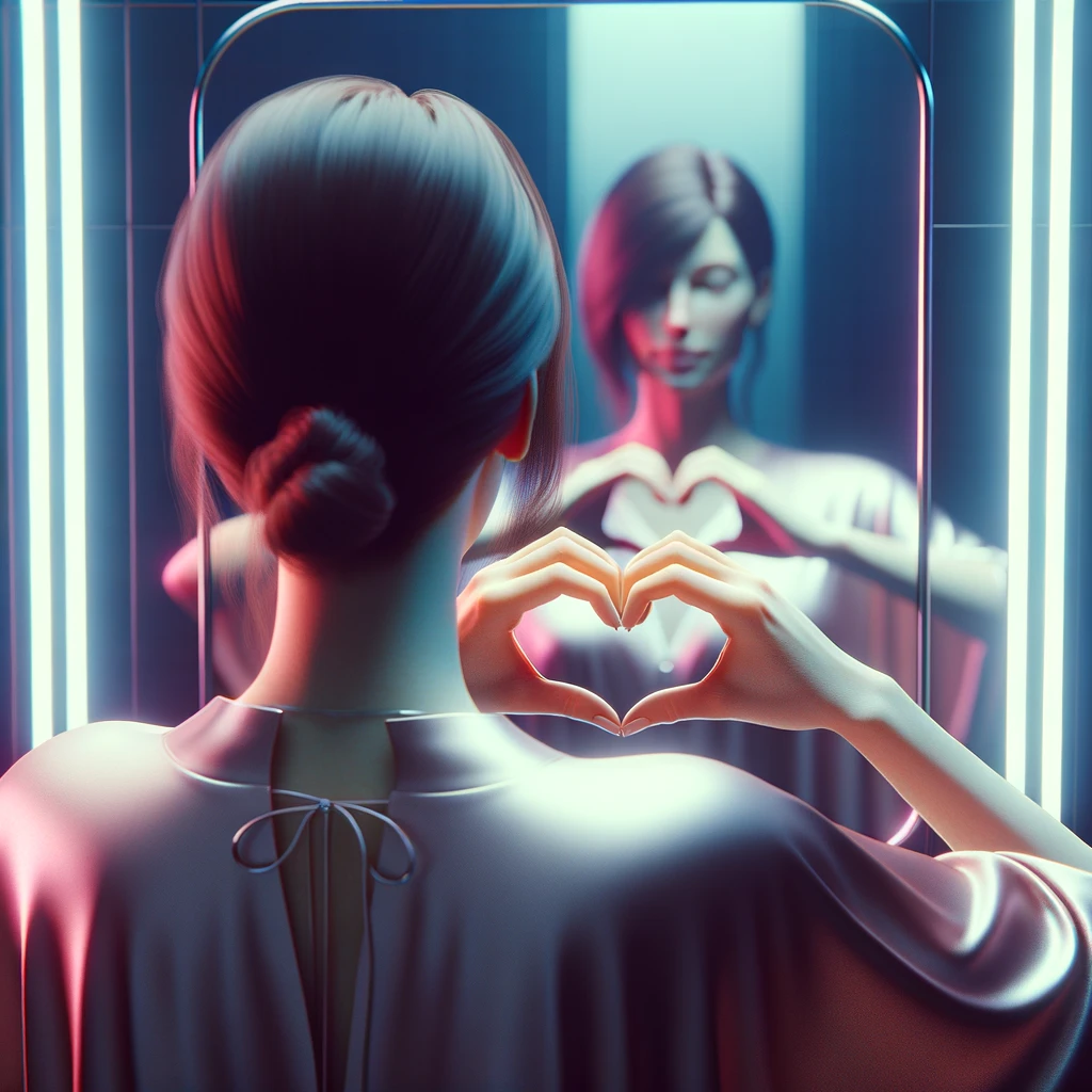 DONNA DI SPALLE CHE SI GUARDA ALLO SPECCHIO CREANDO UN CUORE CON LE MANI, iperrealistico 4k emoji