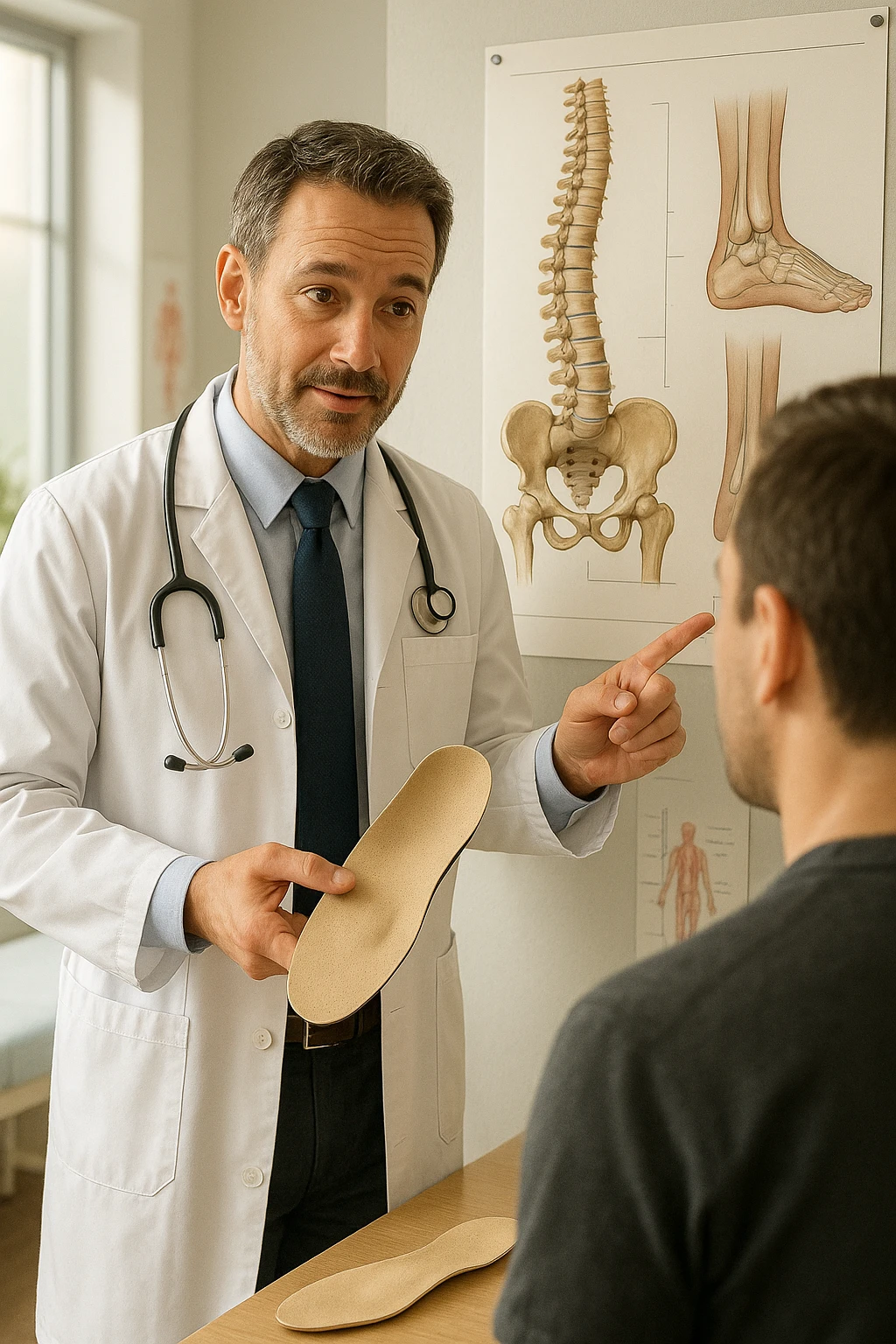 A realistic, cinematic illustration of a professional male doctor in his mid-40s, wearing a white coat, calmly explaining to a patient the benefits of using orthopedic insoles (plantari) for posture correction. The doctor holds a custom insole in his hand while pointing gently to a detailed anatomical poster showing the human spine, pelvis, and feet, illustrating the connection between foot alignment and posture. The setting is a bright, clean medical office with soft natural lighting, a treatment table, and educational anatomical charts in the background. The patient, seen from behind, listens attentively, while the doctor maintains a warm, knowledgeable expression, emphasizing preventive care and body alignment through plantar support. The scene feels trustworthy, modern, and health-focused. emoji