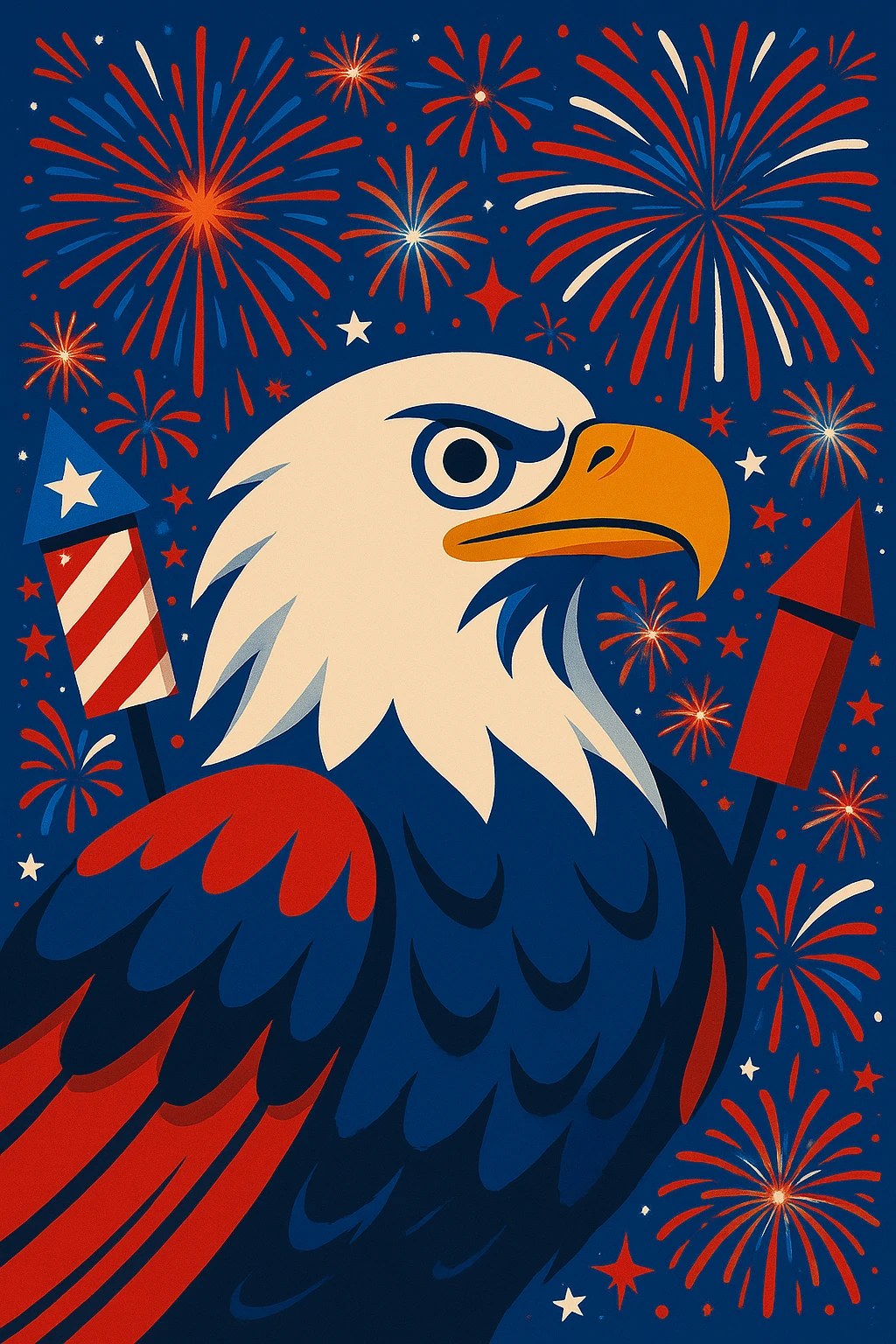 Add more fireworks in the background, keep the vibrant patriotic 4th of July style with bright and colorful fireworks enhancing the festive atmosphere. emoji