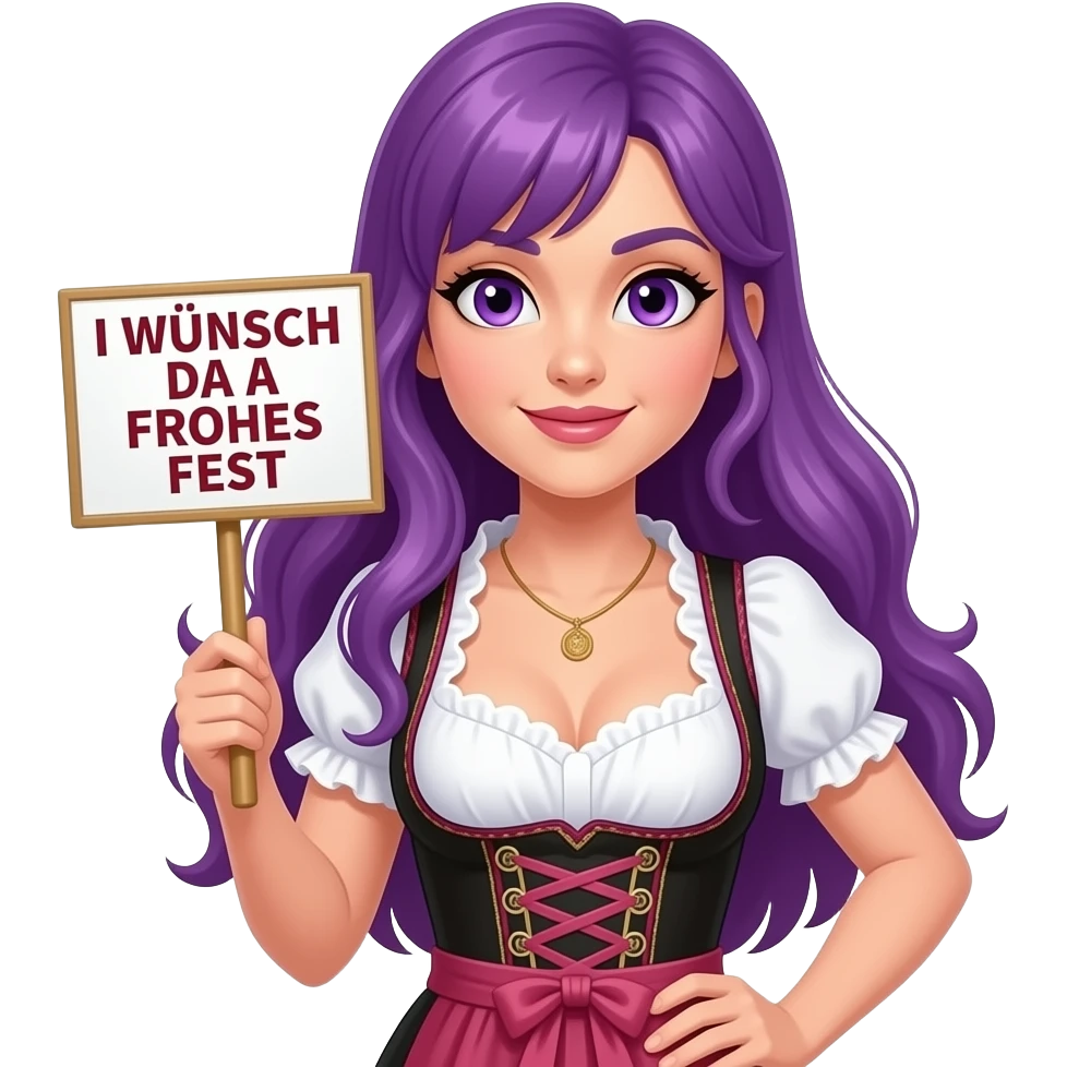 sexy girl with long purple hair and purple eyes wearing a dirndl holding a I WÜNSCH DA A FROHES FEST sign emoji