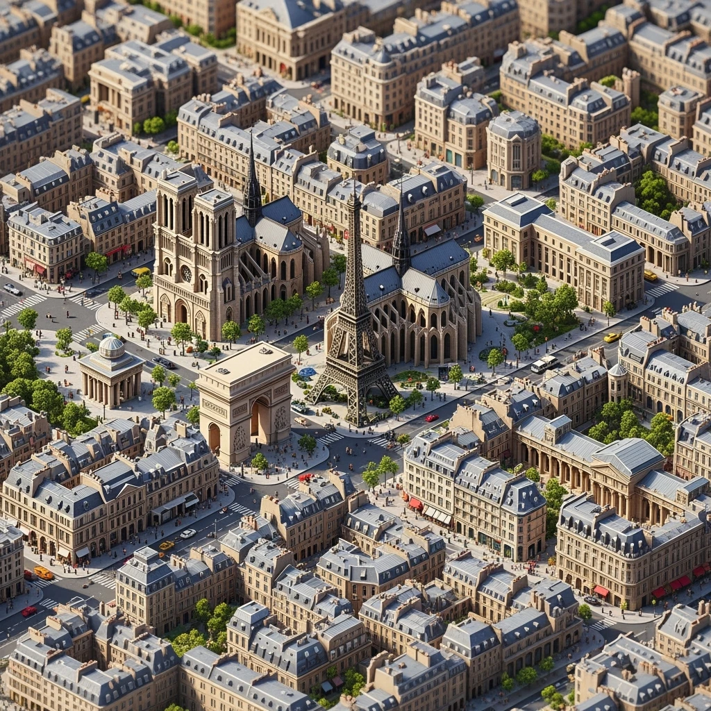 Isometric illustration of Paris, full miniature cityscape shown in the frame, 45-degree bird’s-eye view, photorealistic details, realistic lighting, clean streets, tiny cars and people, modern buildings with varied architecture, with landmark buidlings emoji