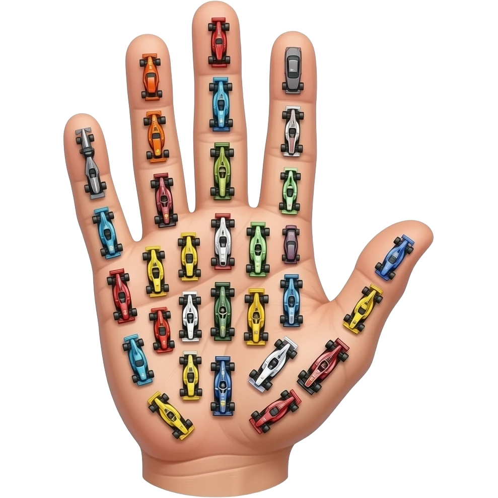 1000 miniature formula 1 cars on a hand emoji