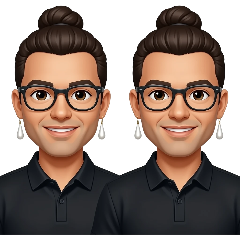 Men with a bun and glasses, long earing with white pearl and black polo emoji