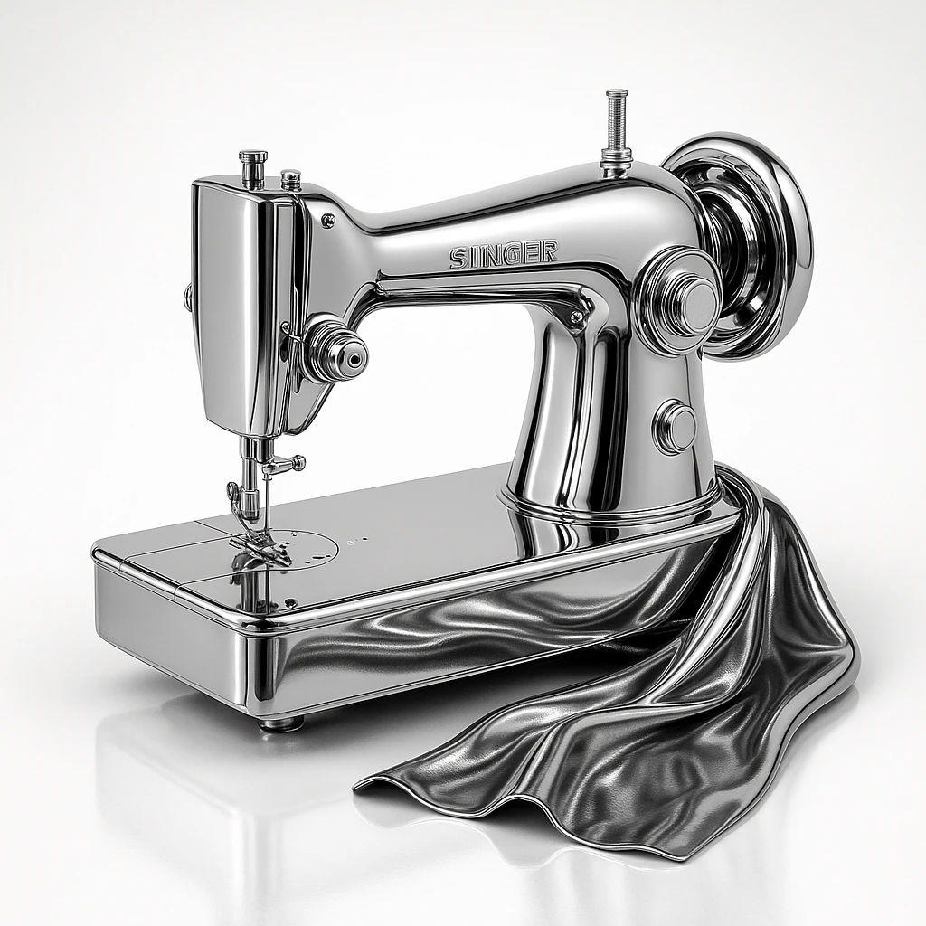 a sewing machine with fabric, chrome style emoji