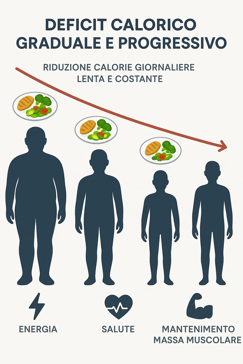 una sequenza di tre sagome umane affiancate, ognuna rappresenta una fase diversa di perdita di peso graduale. Sopra ogni figura, un piatto mostra porzioni di cibo bilanciate ma leggermente ridotte. Frecce e grafici illustrano una diminuzione lenta e costante dell’apporto calorico giornaliero, con icone che rappresentano energia, salute e mantenimento della massa muscolare. Sfondo pulito e moderno, con etichette chiare che spiegano “deficit calorico graduale e progressivo” emoji