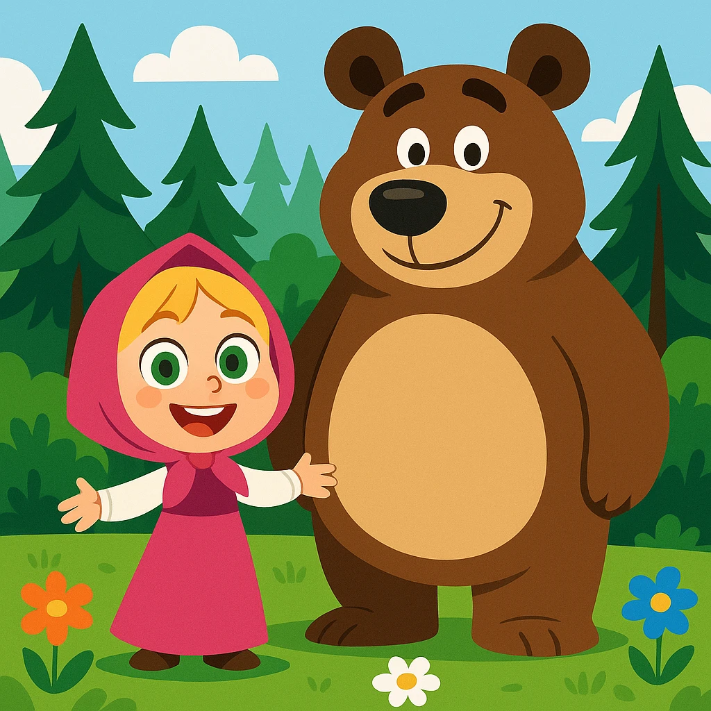 cheerful little girl with big green eyes and blonde hair, wearing a pink dress and headscarf, standing beside a large friendly brown bear with a gentle face and round belly, both smiling in a lush green forest with tall pine trees and colorful flowers, cartoon style, bright lighting, clean background emoji