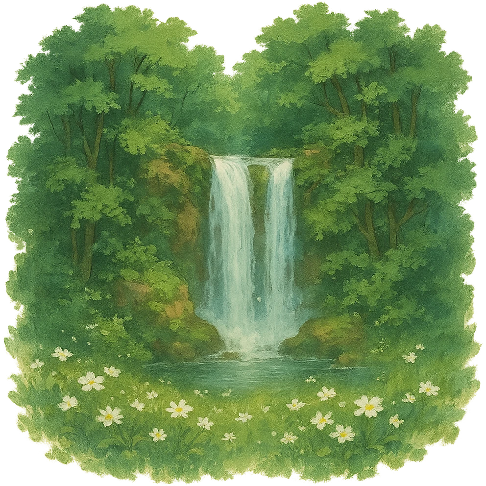 double waterfall in forest, some white flowers, natural colors, soft, fairy-like atmosphere, no background, square size emoji