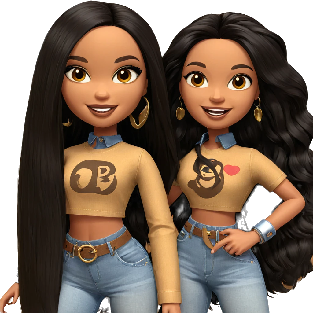 sisters smiling together in denim emoji