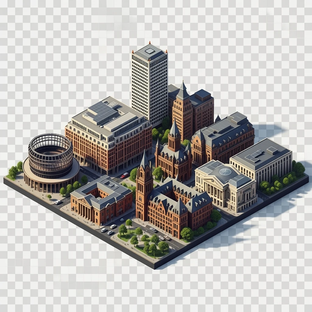 Isometric illustration-model of panorama view Birmingham with photorealistic main buildings, balanced between stylized and realistic, 3D miniature effect, transparent background. emoji