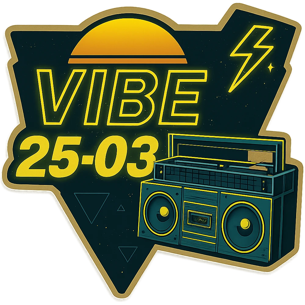 Reformat the VIBE25-03 neon 80's synthwave boombox logo into a square layout, preserving the neon yellow and vibrant retro style with no background, keeping the synthwave aesthetic and neon glow effects. emoji