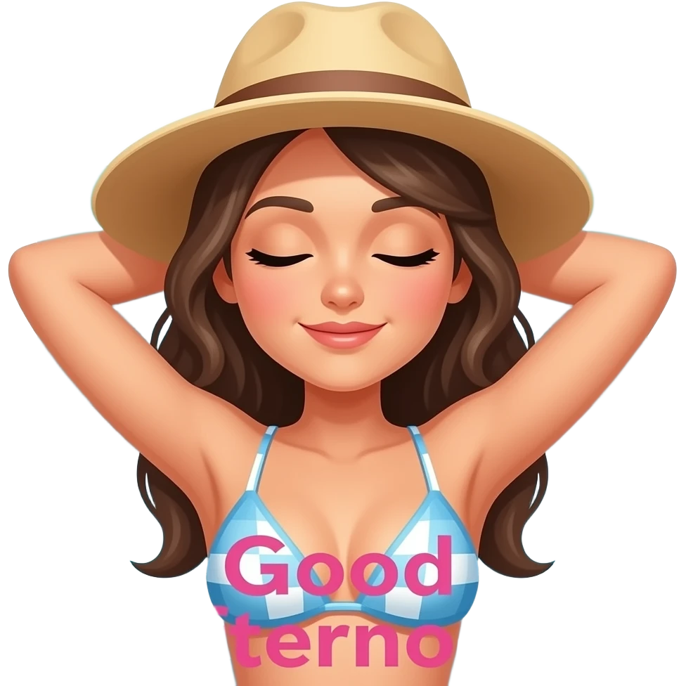 A bikini woman wearinga sun hat lying down on a beach towel tanning on the beach with eyes closed and the words 'Good Afternoon' in pink printed across emoji