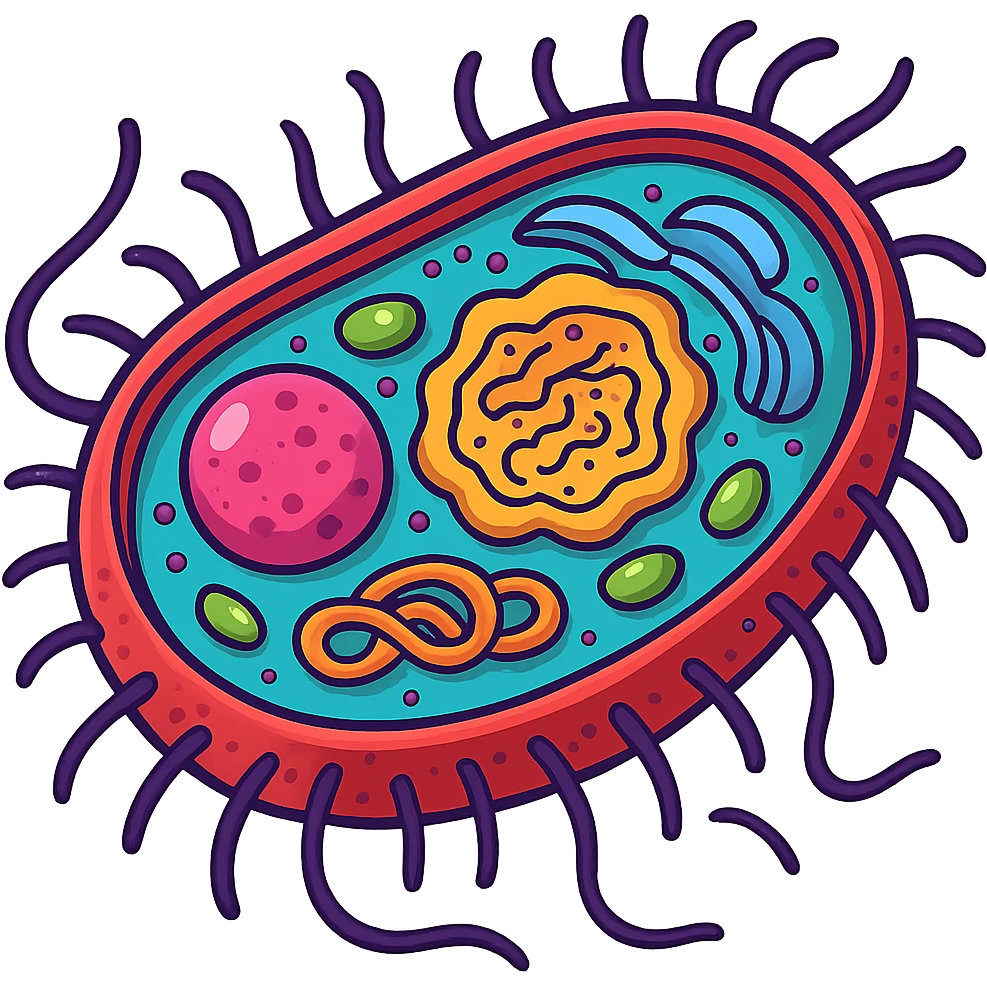 cartoon bacteria cutaway, colorful internal structures, vivid color palette emoji
