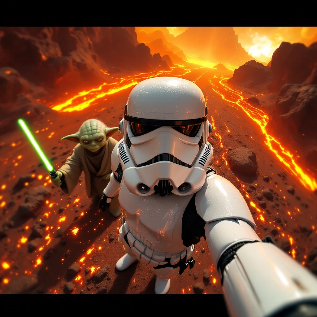 Camera POV, Starwars stormtroopers vlogging selfie, he is walking on lava planet with yoda emoji