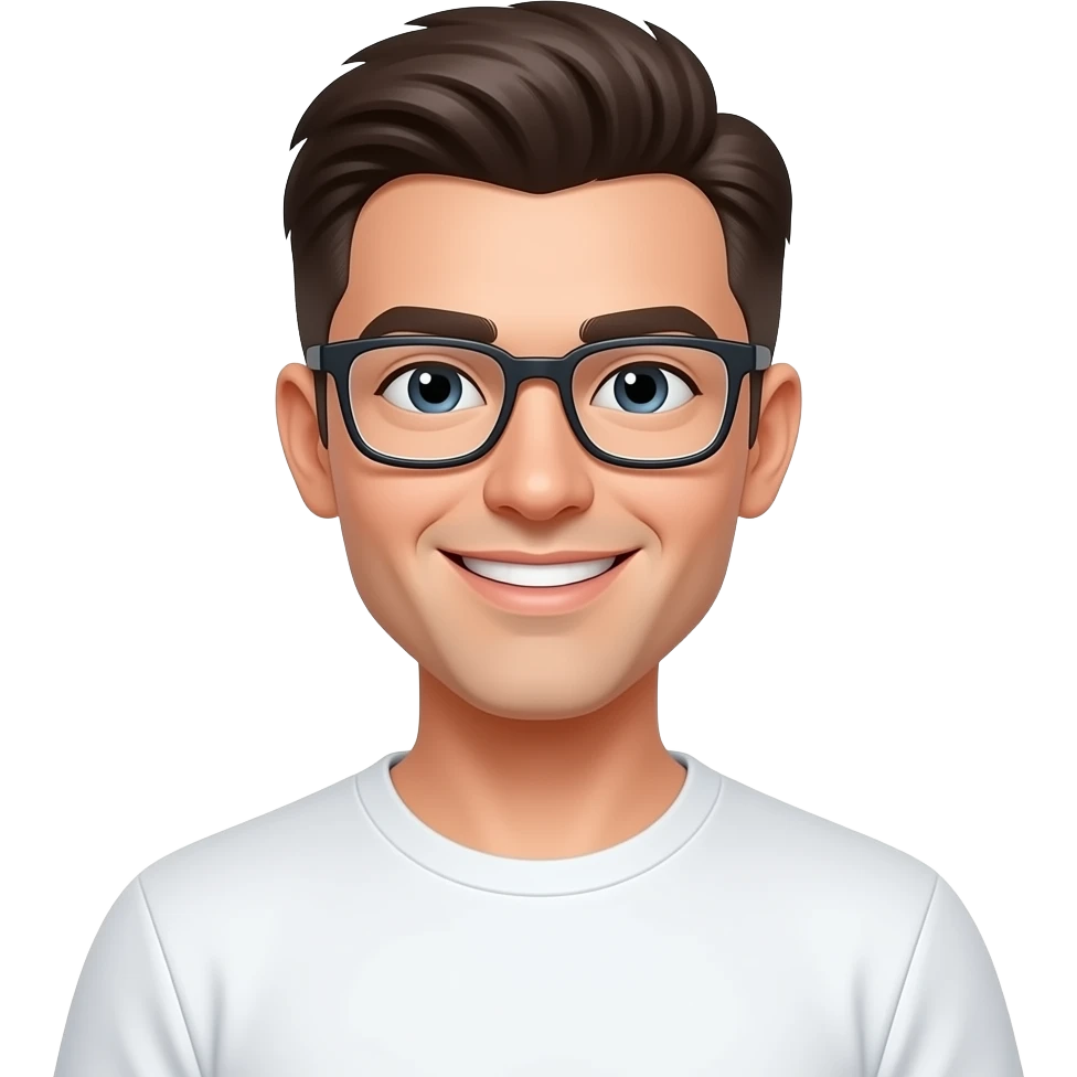 skinny man, with rectangle glasses, white skin, with modern hairstyle, nice smile, wearing tshirt, emoji