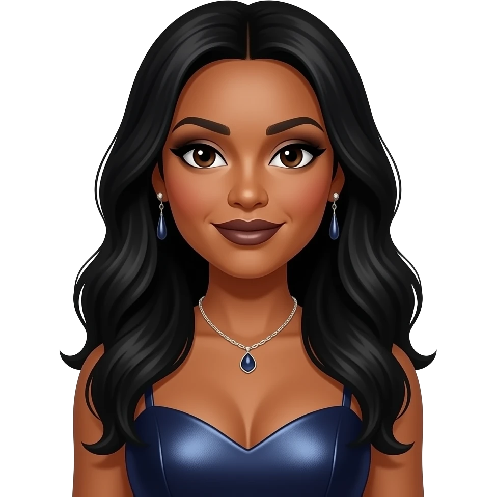 Towanda Braxton from The Braxtons with dark brown eyes, long black hair, black eyeshadow, dark brown lipstick, dark indigo metallic sweetheart dress, necklace and earrings emoji