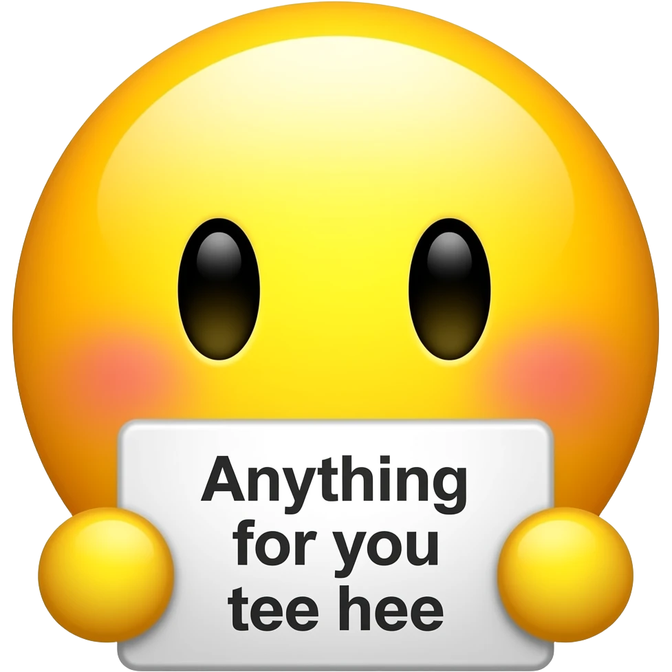 Yellow smiley blushing holding up a sign sign that says "anything for you tee hee" emoji