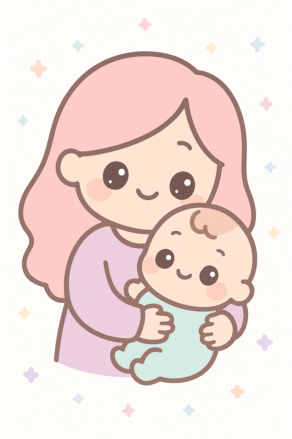 madre abrazando a su bebé, tierna ilustración, estilo kawaii, colores suaves, expresión amorosa y cálida emoji