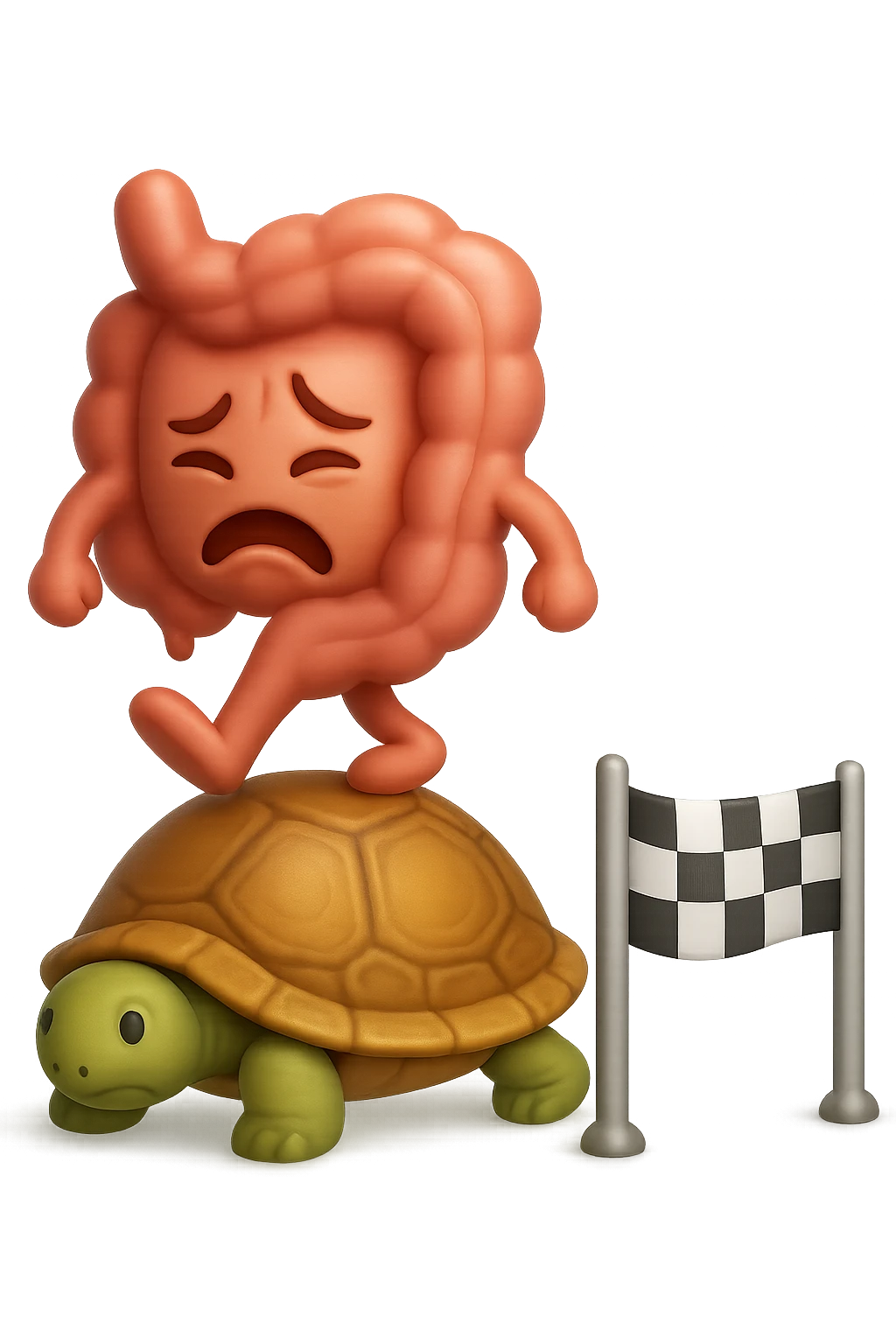  EMOJI STILE IPHONE 3D DI UN INTESTINO CON ESPRESSIONE ANGOSCIATA CHE CAMMINA SUL GUSCIO DI UNA TARTARUGA IN ATTESA ESTENUANTE DI RAGGIUNGERE UN TRAGUARDO POCO PIù AVANTI, SULLA LORO DESTRA. IL TRAGUARDO è UNA BANDIERA A DUE PIEDI CON FASCIA A SCACCHI BIANCHI E NERI. iperrealistico 4k emoji