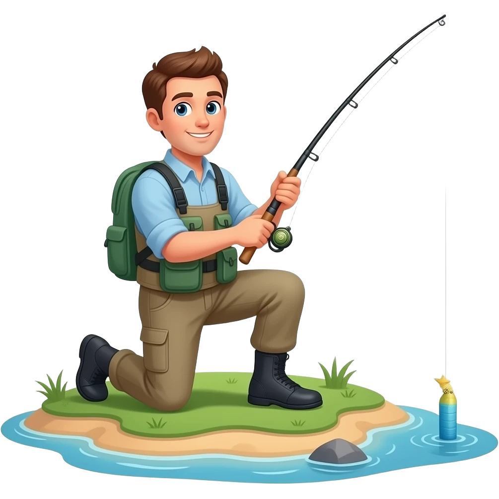a guy fly fishing on his knees on an island emoji