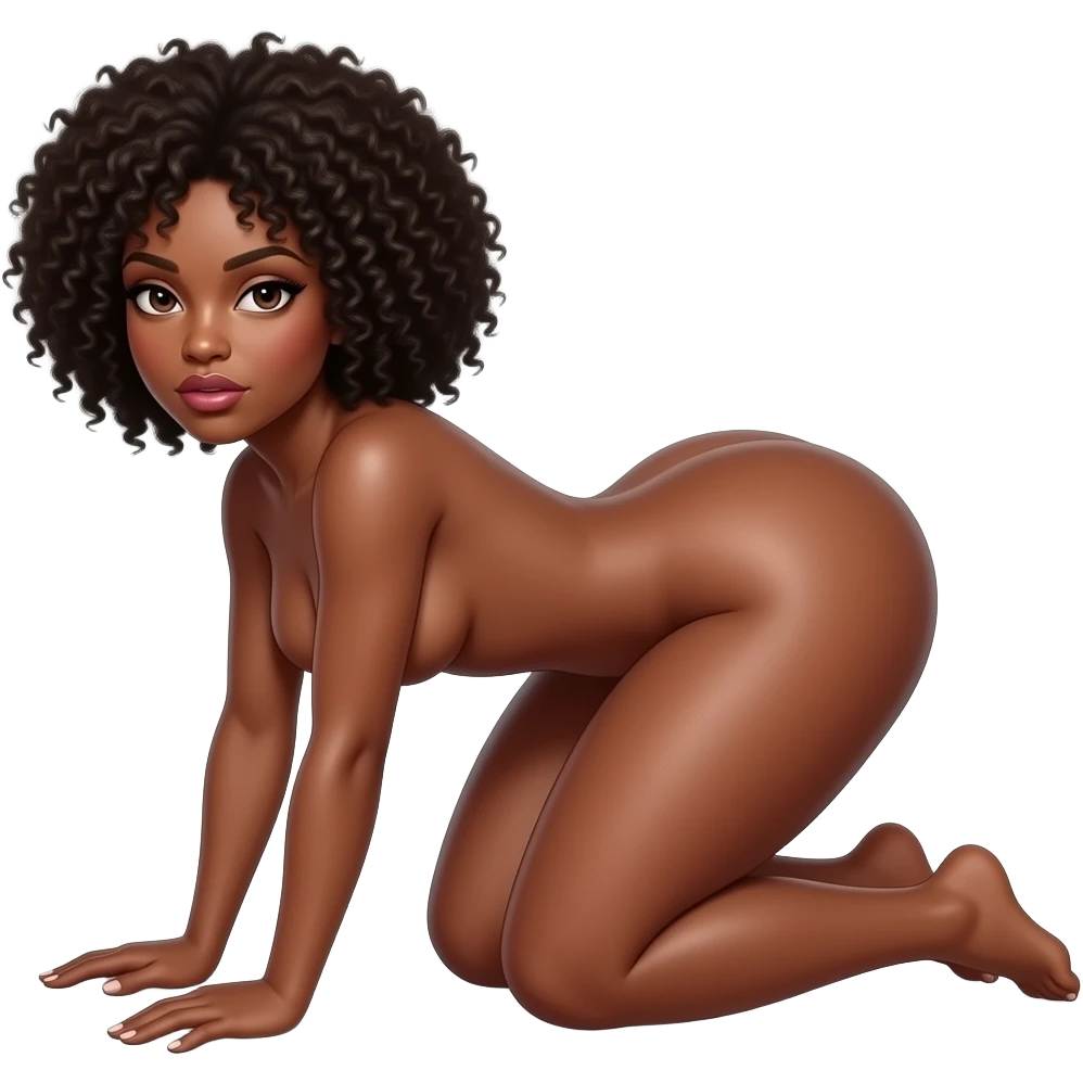 Pelo afroamericano de la mujer, mujer afroamericana de frente, desnuda, mirada sexy de la mujer, se muerde los labios, de rodillas en el suelo, forma de cuatro patas, culo levantado hacia atrás, culo más alto que la cabeza, culo enorme, con los brazos estirados hacia delante, vista frontal emoji