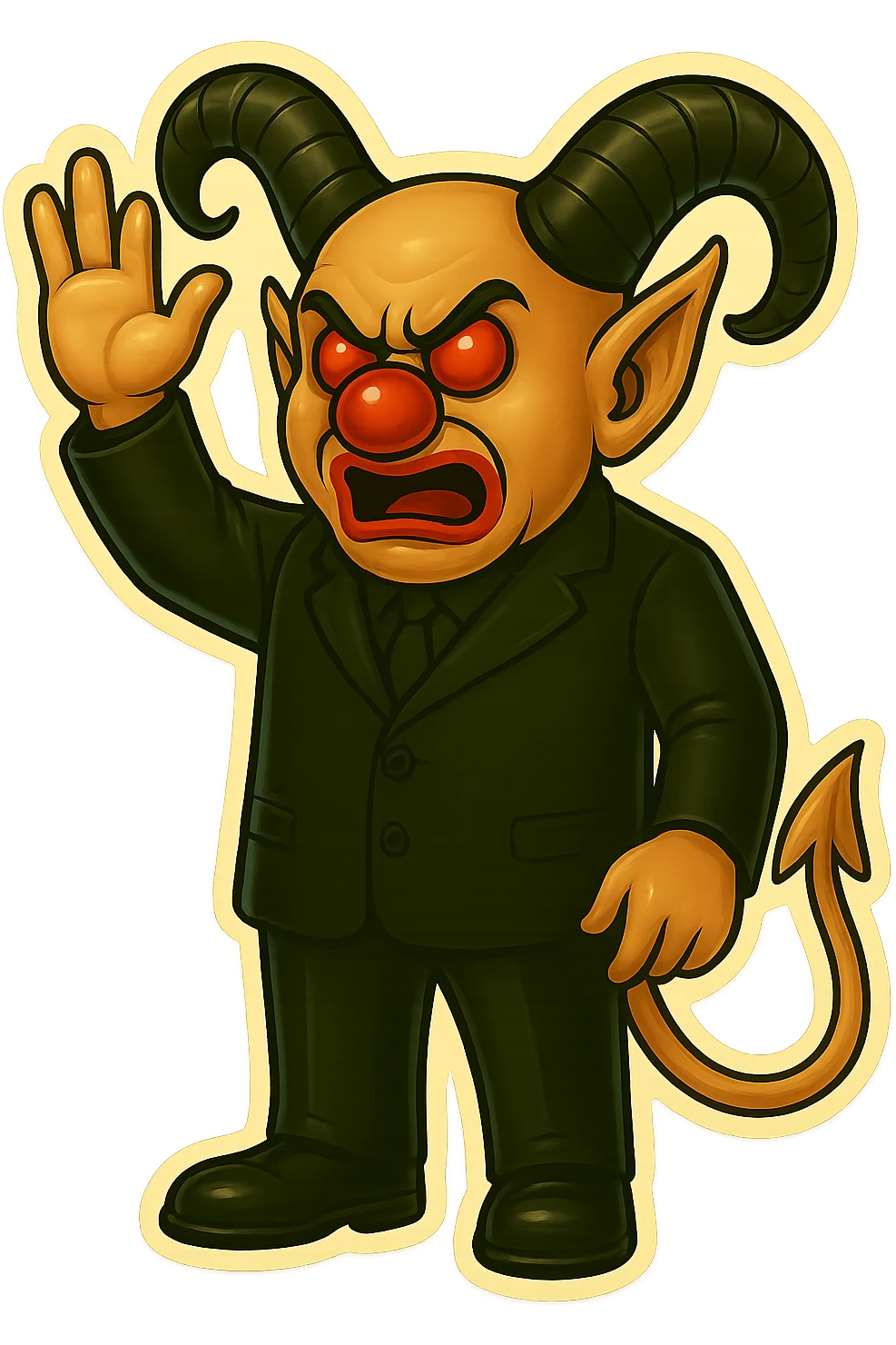 Evil clown wizard in retro sticker style, transparent background, wearing an all black suit, no pentagrams, using the face, horns, and tail from the reference image. Pose: casting a spell with one hand raised, clean modern sticker look. emoji