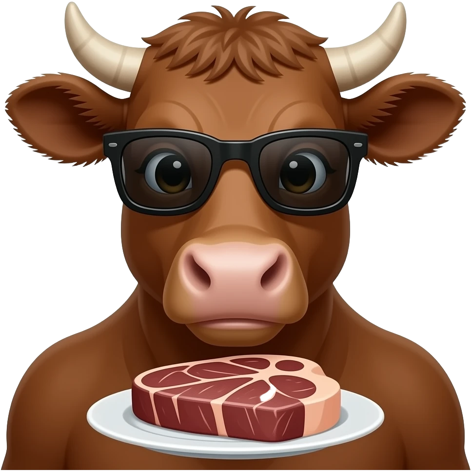 a  face of cool male brown cow wear dark / black sunglasses serving you a steak emoji