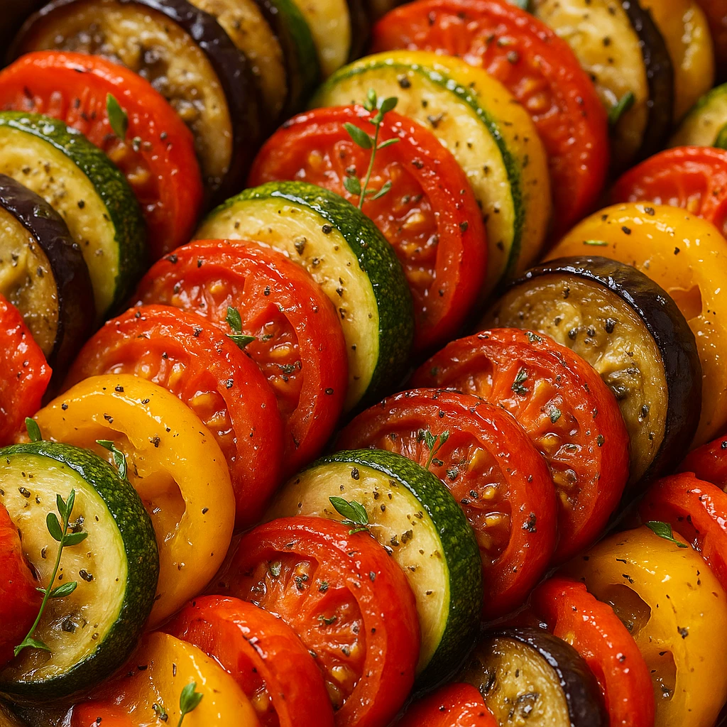 ratatouille food, realistic style, close-up of cooked vegetables, glistening with olive oil, herbs visible emoji
