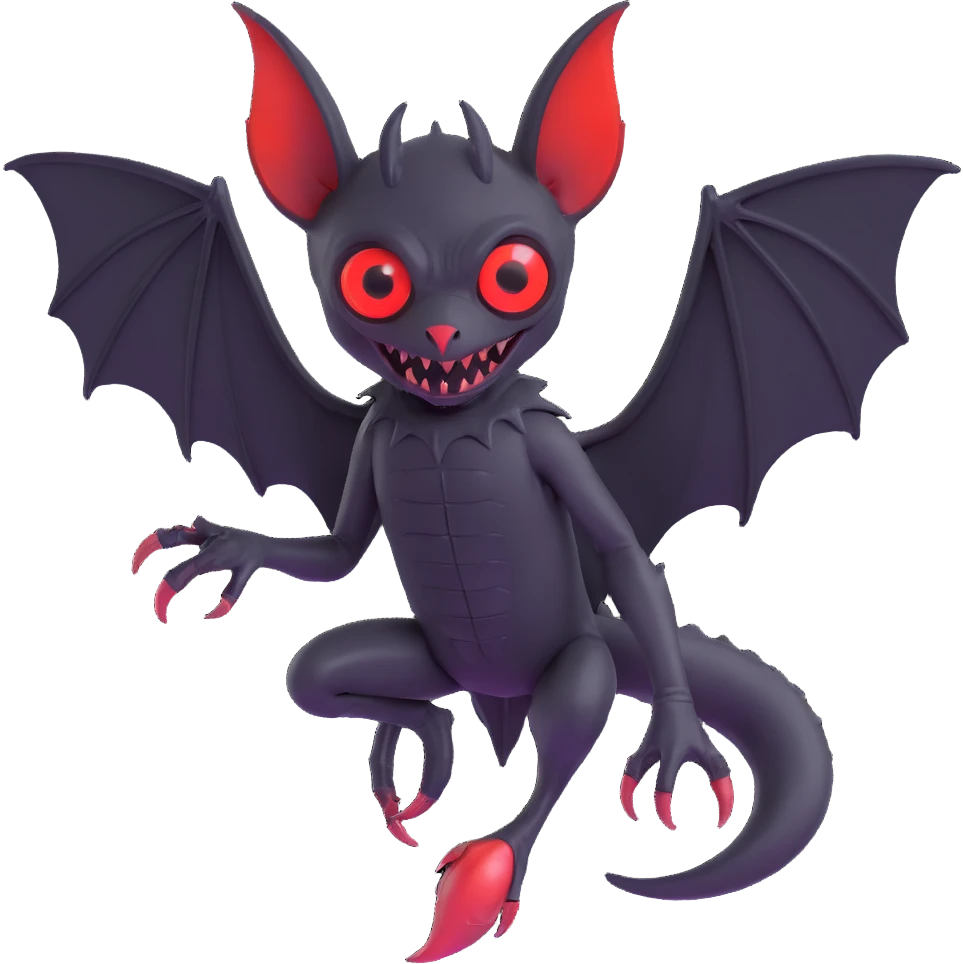 an all black reptilian bat-like creature. One cyclopian red eye in its face. no visible mouth or ears. 2 hind legs with claws. has a long tale with a stinger. no ears. no horns. no arms. visible bone-like stinger at end of tail emoji