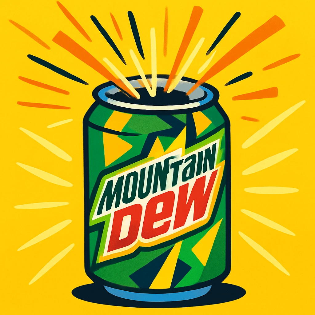 a can of Mountain Dew, vibrant and energetic, green and yellow colors, with sunshine rays bursting out when opened emoji