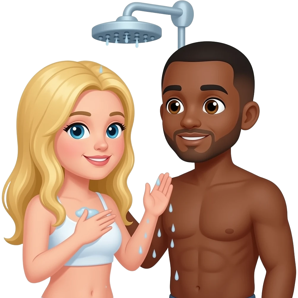 Blonde girlfriend taking a shower together with black boyfriend with bald head emoji