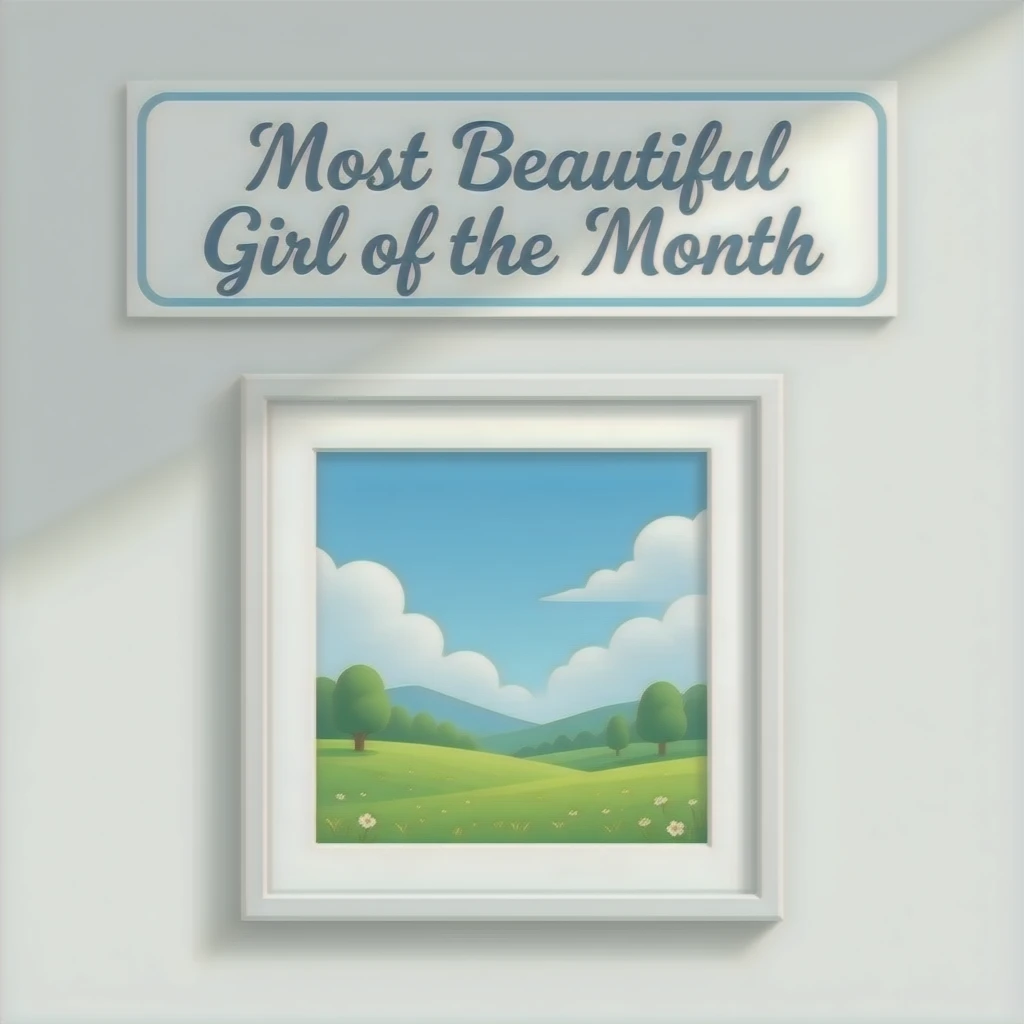 A clean aesthetic wall with a centered photo frame hanging on it, above the frame there is a sign that reads “Most Beautiful Girl of the Month”, soft lighting, minimal shadows, pastel tones, neat composition, empty frame for photo, 3D cartoon style, high quality inspired by Barbie colour palette emoji
