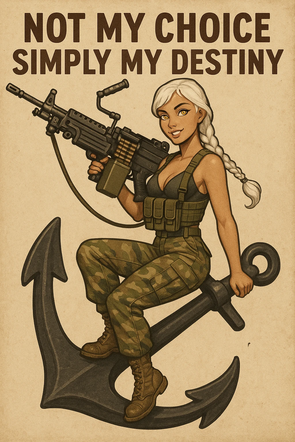 a retro military pinup " not my choice, simply my destiny "
; female figure young,gorgeous, white hair 1 braid, gold yellow eyes, riding side-saddle on a massive anchor , with a massive LMG 249,  wearing a swimsuit and bdu bottom with plate-carrier emoji