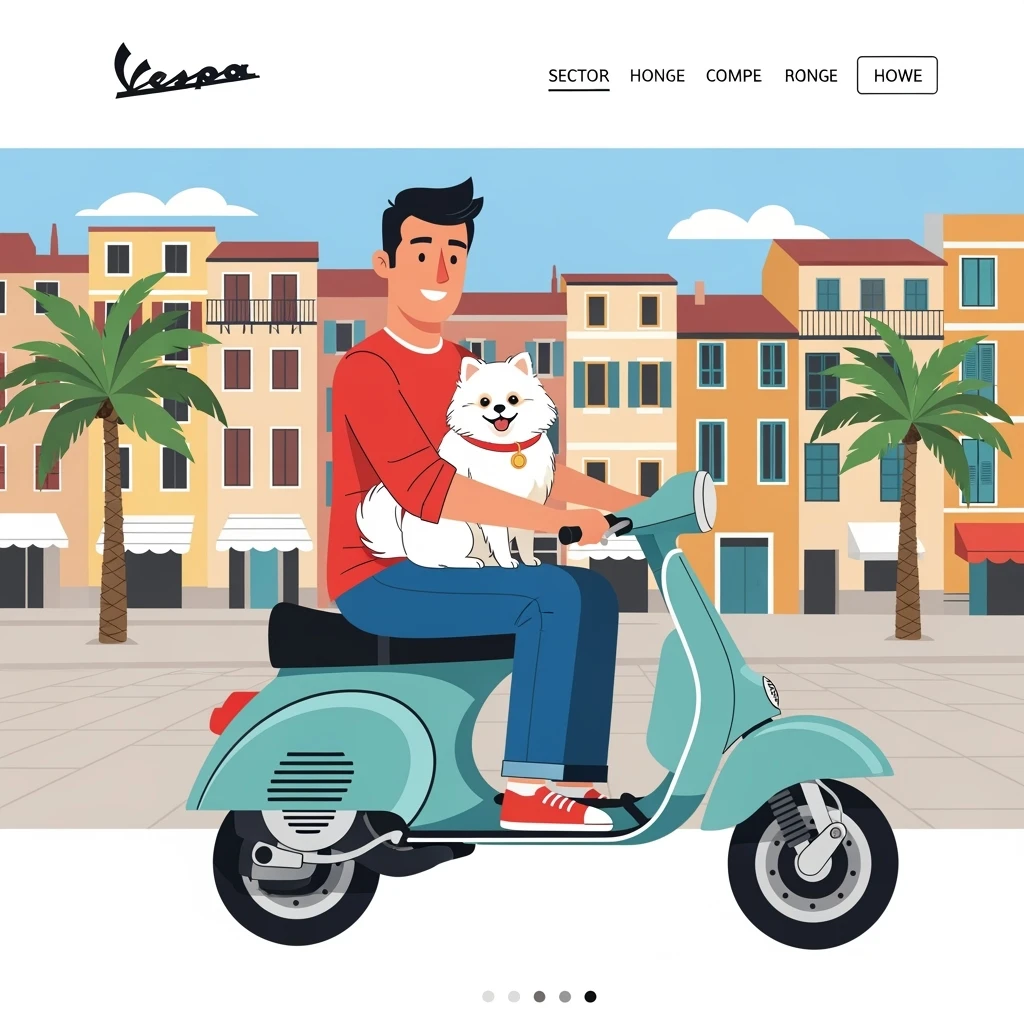 vector art of a man and his pet dog riding a vespa, for website design emoji