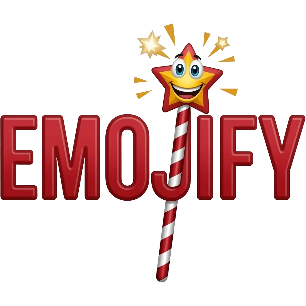 Red text "EMOJIFY" is stretched in height and width. Letter "J" in the form of a magic wand with a smiley face on the end. emoji