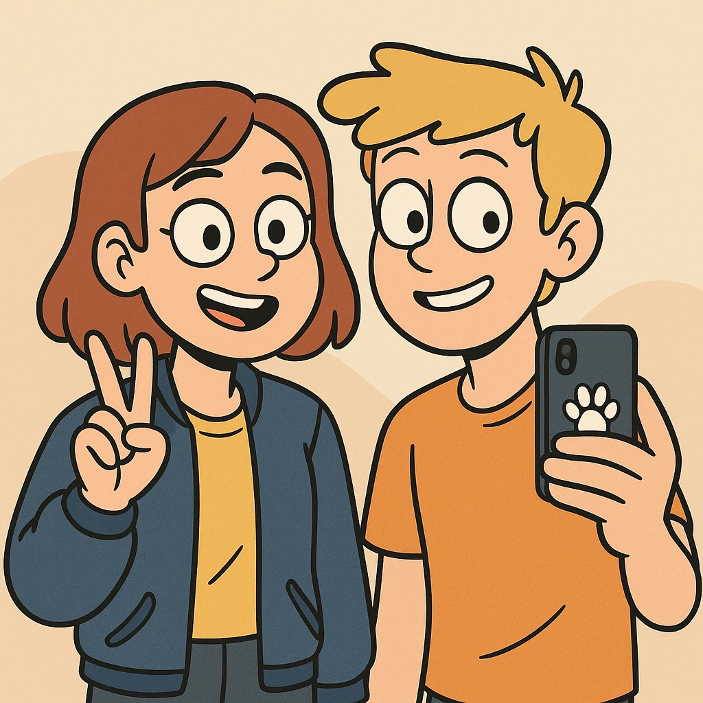 A girl yellow t-shirt blue girls bomber jackets ✌️A boy dark yellow hair Orange T-Shirt white dogs paw 🤳 emoji