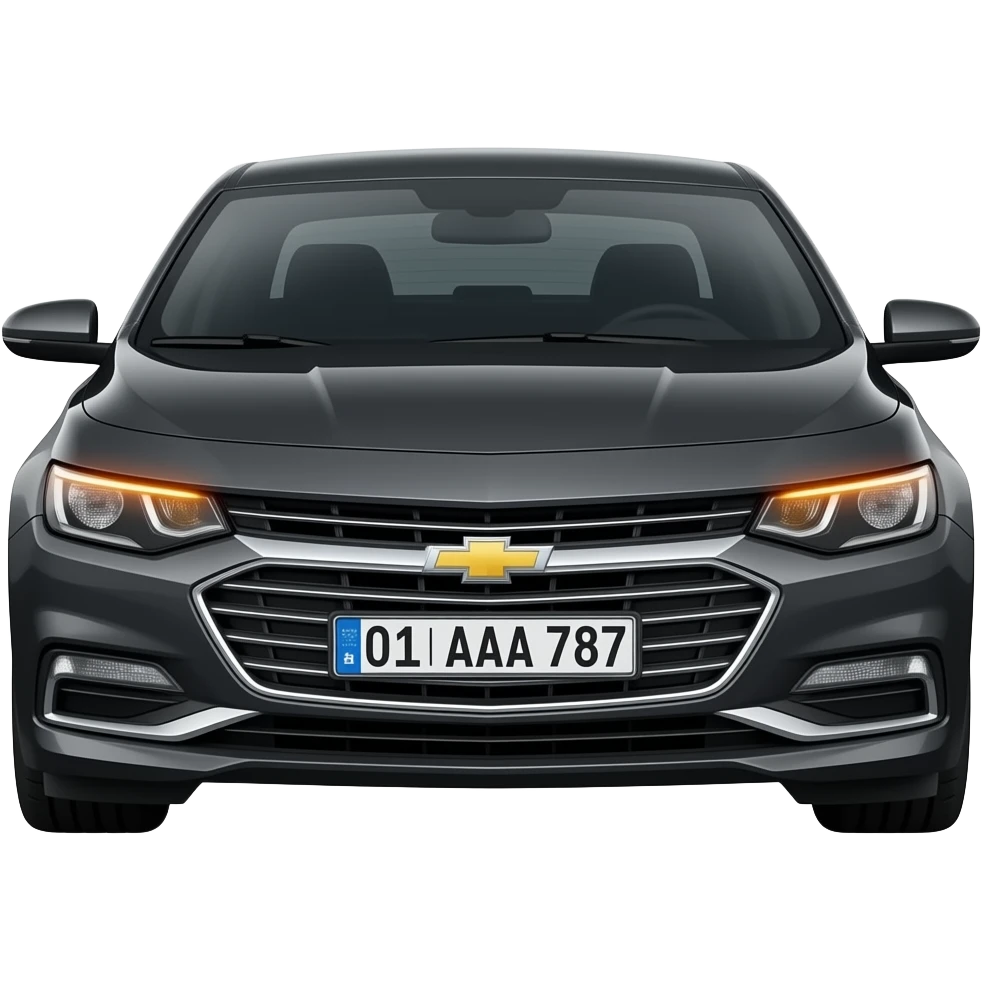 A realistic icon emoji of a metallic black sedan Chevrolet Malibu 2.0L Turbo Premier, dark charcoal tint windows, black alloy 5-spoke rims, Dynamic amber glow LED headlights with sharp laser-beam effect, uzbekistan region number texts "(uzbekistan flag) 01 | AAA 787" in plate emoji