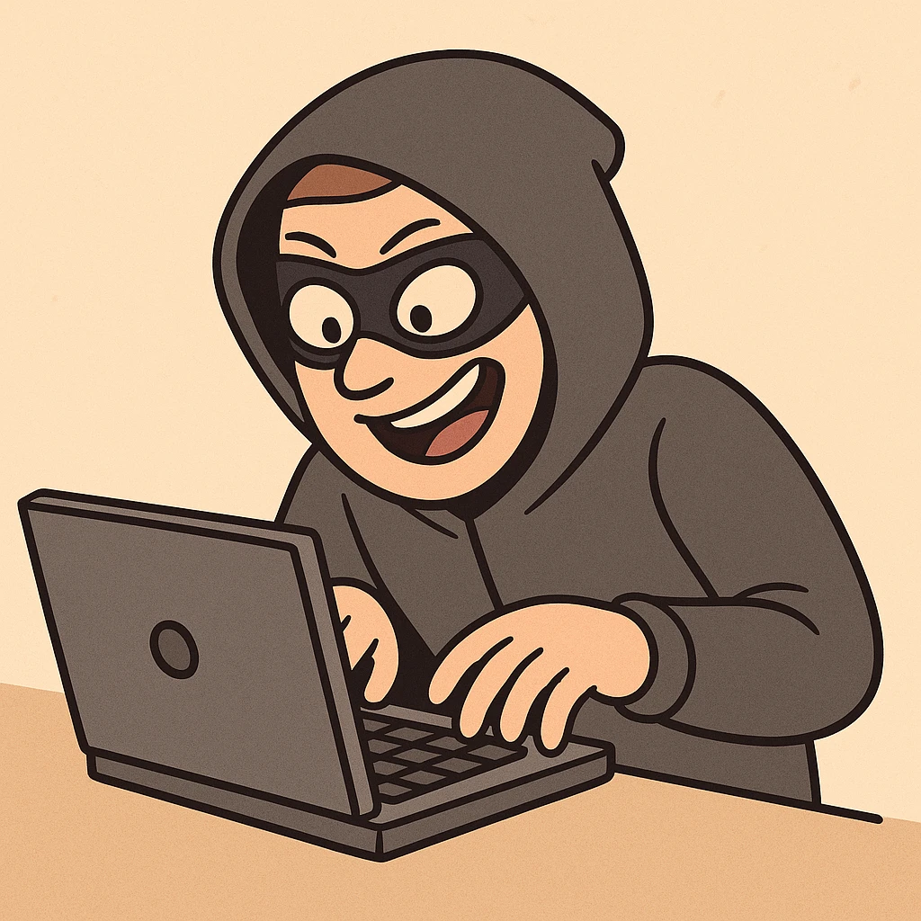 hacker, cartoon style, typing on a laptop, playful expression emoji