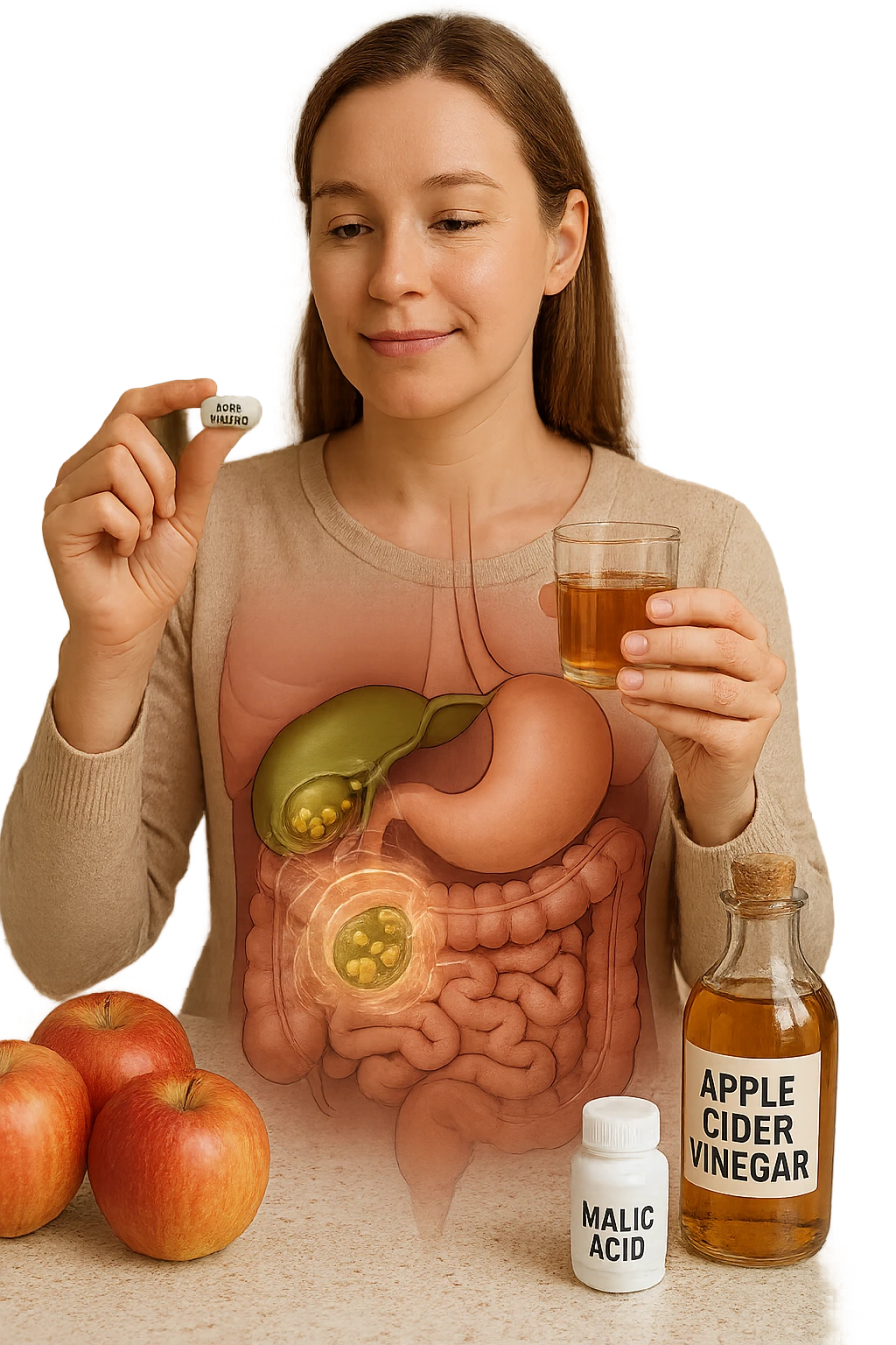 A detailed, realistic illustration or photo-style image showing a person holding a small glass of apple cider vinegar in one hand and a capsule labeled ‘Acido Malico’ in the other. In the foreground or as an overlay, a semi-transparent anatomical view of the abdomen highlights the gallbladder with visible small gallstones inside. Around the gallstones, gentle glowing waves or soft dissolving effects symbolize the softening or breakdown of the stones due to the natural acids. The person looks hopeful and calm, in a bright kitchen setting with fresh apples and natural health products on the counter. The overall mood is informative, natural, and hopeful about non-invasive, natural support for gallstone health emoji