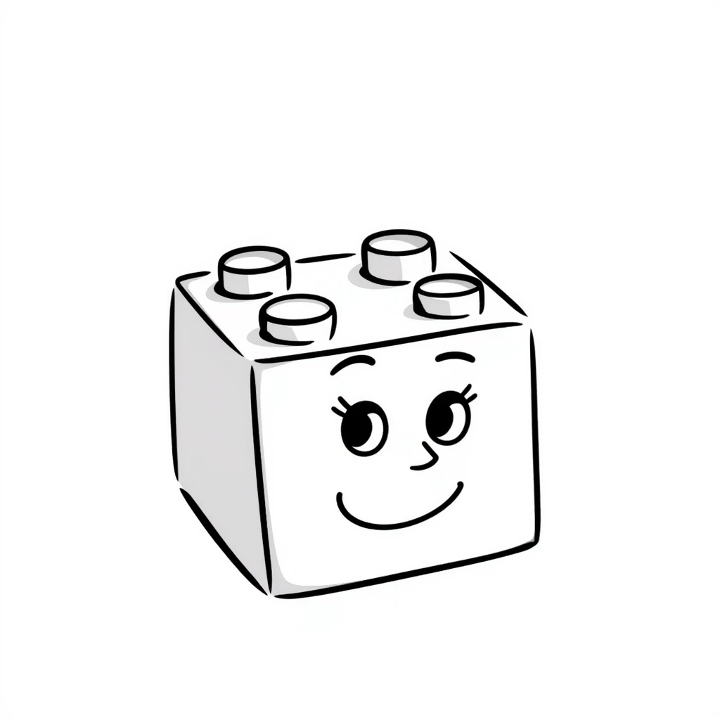 A hand-drawn red Lego-style brick with a silly cute expression emoji