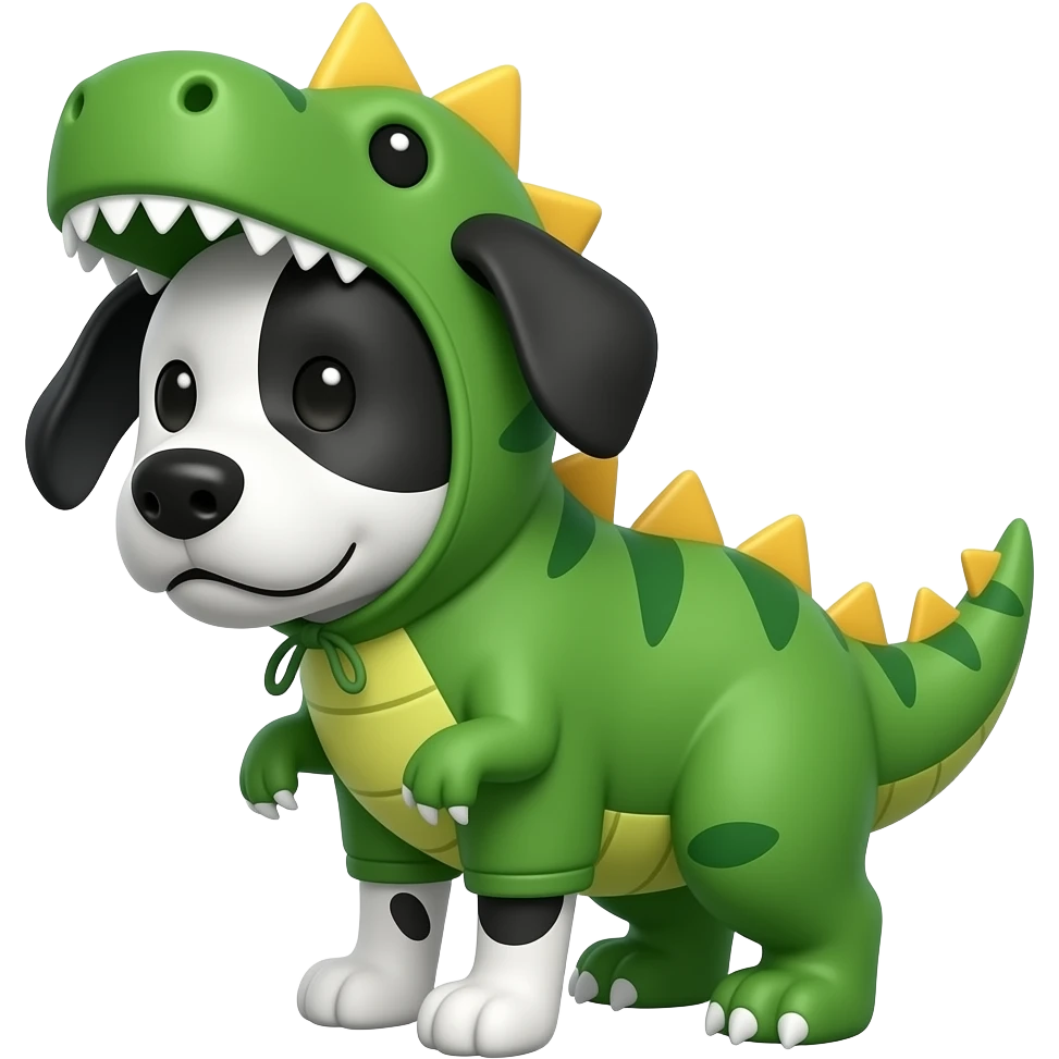 Un perro disfrazado de dinosaurio pero que el perro sea de color blanco y negro emoji