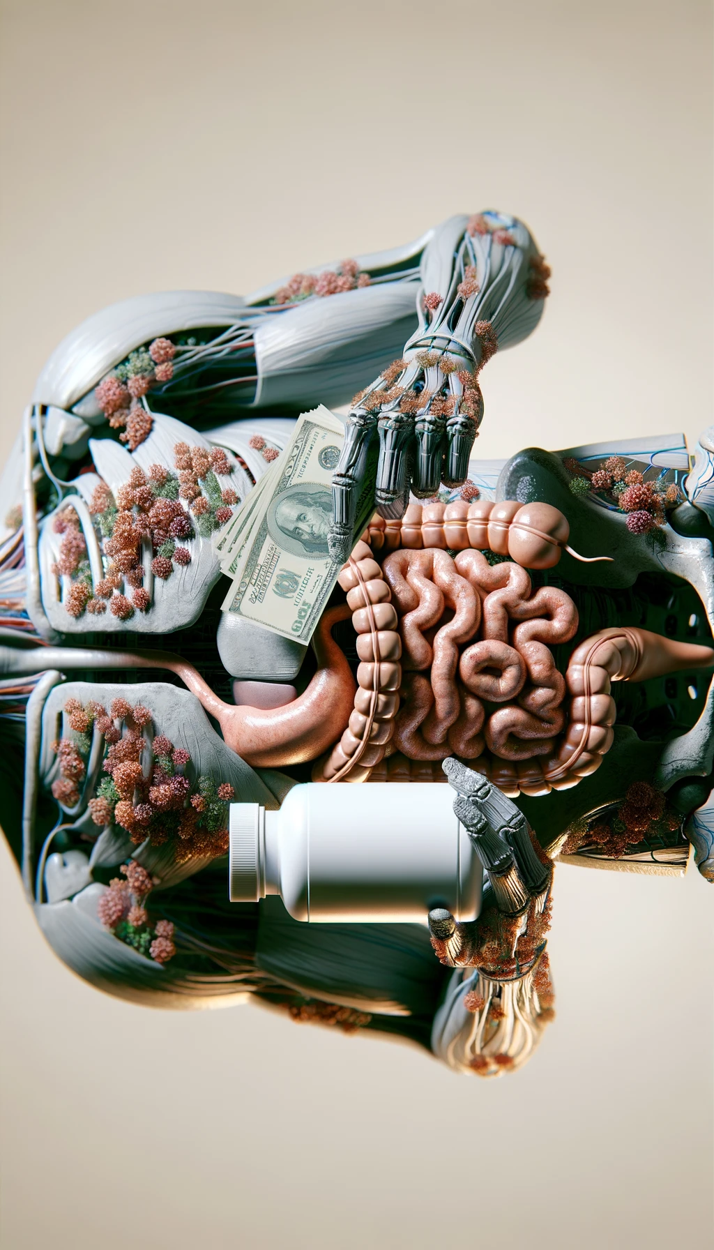 corpo umano anatomico con intestino umano anatomico realistico in evidenza che tiene nella mano destra una boccetta di integratore e nella mano sinistra delle banconote, sfondo neutro chiaro, iperrealistico 4k emoji