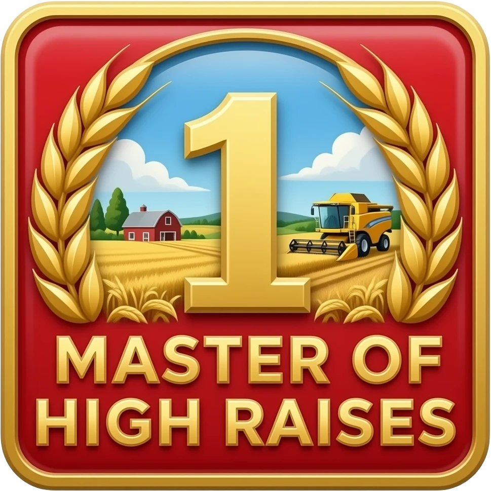 Top rectangular red enamel bar, central golden wheat. Gold ring: landscape with fields, barn, and detailed combine harvester. Foreground dominated by large red enamel framed golden '1' and dominant large Russian read text: 'МАСТЕР ВЫСОКИХ НАДОЕВ'. emoji