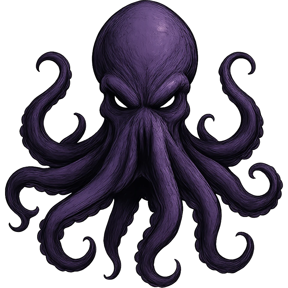 Remove the nose, make the octopus look scary, keep the purple color, with no background. Maintain the original style and details of the octopus while making it look scary and purple. emoji