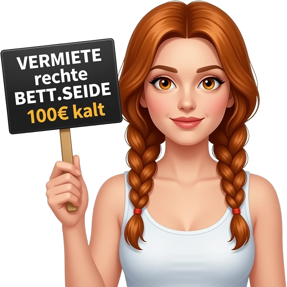 sexy girl with long ginger braids and ginger eyes wearing a white tanktop is holding a black sign with VERMIETE rechte BETT.SEITE 100€ kalt written on it emoji