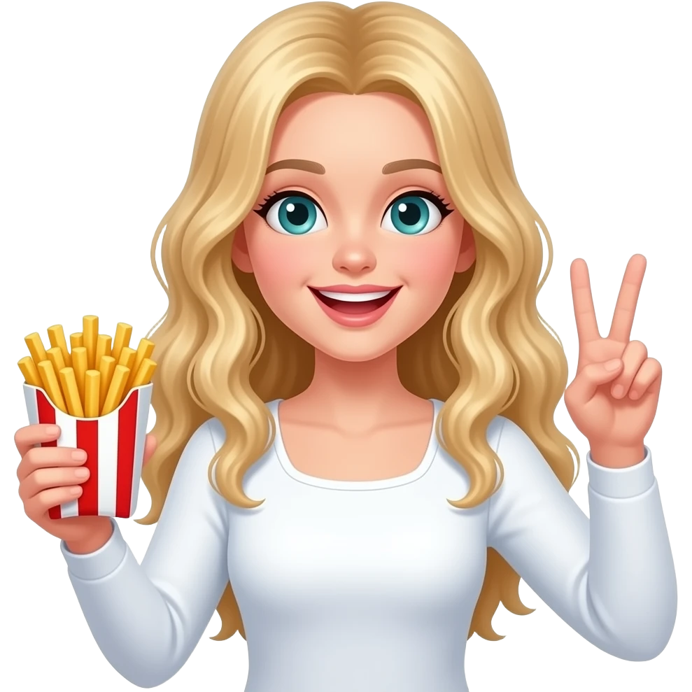 Blonde teen crimped straight hair middle part long holding french fries in a stripped red and white holder throwing up peace with innocent smile in a long sleeve white top with a square neck push up blue green eyes emoji